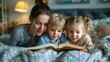 © Generative AI - Mother with children reading book lying on bed at home : Generative AI