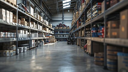 Aufkleber - Large industrial warehouse Tall metal shelves filled with various boxes and containers : Generative AI