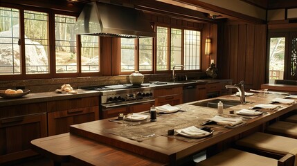 Elegant Japanese kitchen with dark wood cabinets, stone countertops, and minimalist table settings.