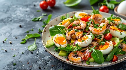 Poster - Healthy salad with squid and avocado on white plate with harsh shadows Calamari salad with vegetables and eggs on white background with shadows of leaves Summer food menu : Generative AI