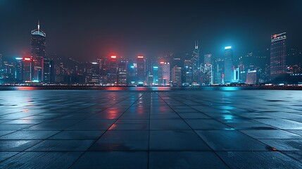 Poster - Empty square floors and city skyline with buildings in Zhoushan at night Zhejiang China : Generative AI