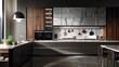 © KYR - Elegant modern kitchen with marble countertops, sleek cabinetry, and integrated appliances.