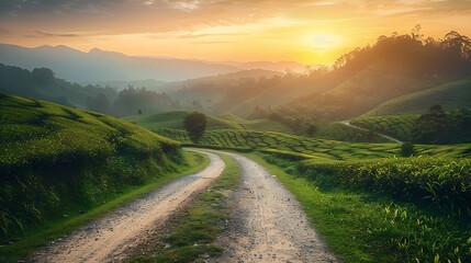 Wall Mural - Country road and green tea plantation natural landscape at sunset : Generative AI