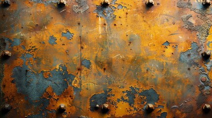 Poster - orange rust stains on weathered steel plate or top view yellow iron table and old brown metal wall from moisture to tetanus for dirty dark board background to red blue retro backdrop a : Generative AI