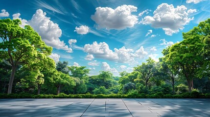Poster - Empty square floor and green forest with sky clouds background Panoramic view : Generative AI
