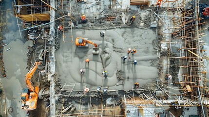 Poster - Construction site of buildings pouring cement Top view new screed concrete with leveling mortar for floors : Generative AI