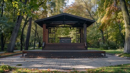 Aufkleber - Empty open air stage in a park with a sound projecting roof Akniste Latvia : Generative AI