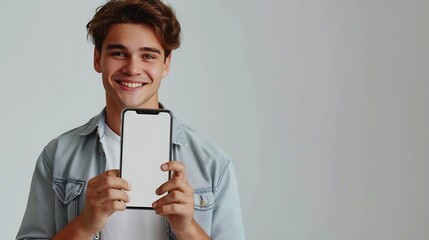 Poster - Handsome young man holding a smartphone mockup with a blank screen and smiling on a white background Celebrating success Gadget with empty space for mockup banner app : Generative AI