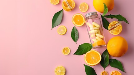 Poster - Citrus fruit and fresh leaves spreading out of pill bottle on pastel pink background Creative supplementary health food nutrition Boost immune system with vitamin tablets Flat lay copy : Generative AI