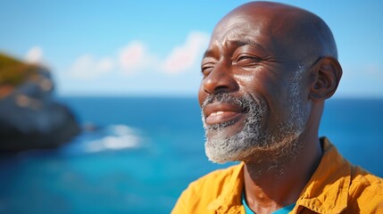 Wall Mural - Cropped image of smiling african american bald senior man against scenic view of sea and clear sky Copy space summer portrait unaltered lifestyle vacation retirement enjoyment and natu : Generative AI