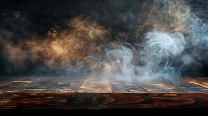 Aufkleber - On a black background an empty wooden table with smoke floats up Empty space for displaying your products with a smoke float up on a dark background Space available for displaying your : Generative AI