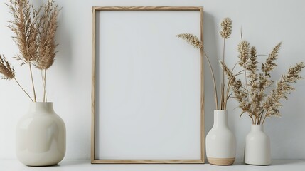 Aufkleber - Wooden frame mockup on white table modern beige ceramic vases with dry grass   White wall background Scandinavian interior Copy space : Generative AI