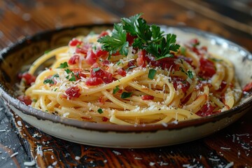 Delicious Spaghetti Carbonara with Crispy Pancetta on Rustic Wooden Table