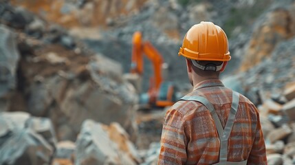 Leinwandbilder - Man construction engineer wears helmet ensure safety when working in construction zone standing on pile rocks looking checking for completeness in case there is error so that it can be : Generative AI