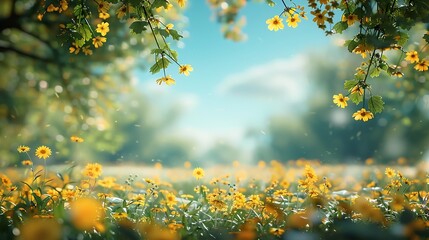 Canvas Print - blurred idyllic springtime landscape blue sky and flower meadow under the leaf branch a carpet of yellow cheerful blossoms blurred spring background : Generative AI