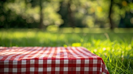 Poster - Red checkered tablecloth on grassempty space blank Food design advertisement template Picnic place Checked cloth Napking laying outdoor : Generative AI