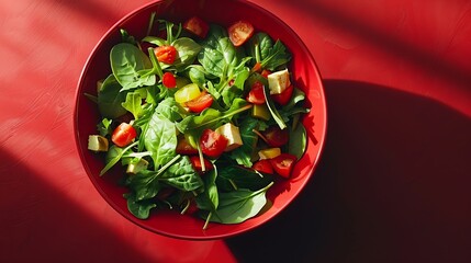 Poster - Vegetarian green salad on trendy red background with hard shadow Green bowl with vegetables and tofu in minimal style Contemporary food menu Healthy food in modern concept : Generative AI