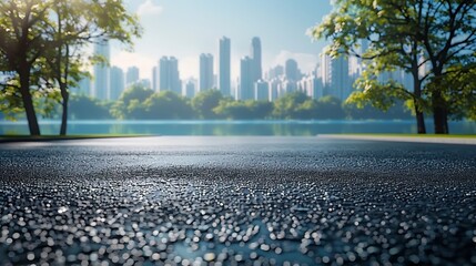 Aufkleber - Asphalt road platform and lake with city skyline background : Generative AI