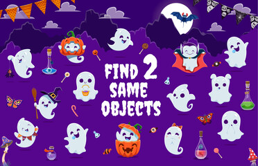 Aufkleber - Halloween kids game, find two same kawaii ghost characters. Details search children riddle, objects compare puzzle vector worksheet with cute ghost personages in vampire, witch and pumpkin costumes
