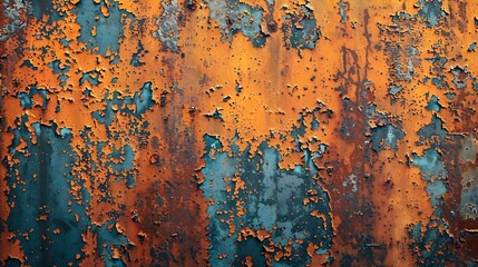 Poster - orange rust stains on weathered steel plate or top view yellow iron table and old brown metal wall from moisture to tetanus for dirty dark board background to red blue retro backdrop a : Generative AI