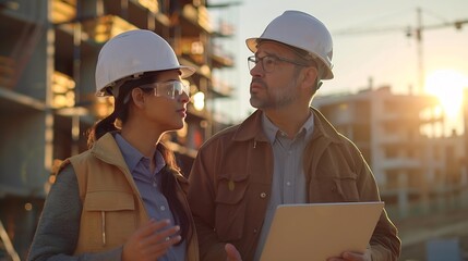 Poster - Caucasian Male Architect And Hispanic Female Urban Planner Walking On Construction Site With Laptop Computer And Talking About New Real Estate Project Construction Equipment Working Go : Generative AI