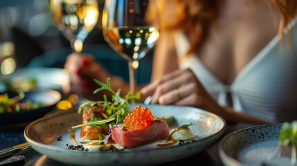 Wall Mural - Close up detail of woman having dinner in gourmet restaurant Macro close up of female hands next to blue fin tuna dish with beluga caviar and a glass of white wine : Generative AI