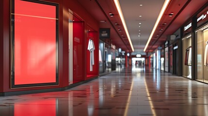 Poster - red blank sign inside shopping mall mock up advertise display frame setting over the clothes line in the shopping department store for shopping business fashion and advertisement conce : Generative AI