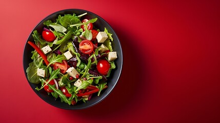Poster - Vegetarian green salad on trendy red background with hard shadow Green bowl with vegetables and tofu in minimal style Contemporary food menu Healthy food in modern concept : Generative AI
