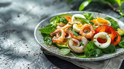 Poster - Healthy salad with squid and avocado on white plate with harsh shadows Calamari salad with vegetables and eggs on white background with shadows of leaves Summer food menu : Generative AI
