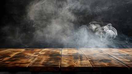 Aufkleber - On a black background an empty wooden table with smoke floats up Empty space for displaying your products with a smoke float up on a dark background Space available for displaying your : Generative AI
