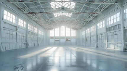 Wall Mural - Huge empty industrial warehouse building White interior Hemispherical reinforced concrete load bearing roof with windows Unique architecture : Generative AI