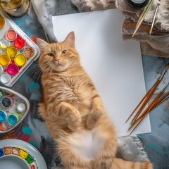 Wall Mural - A cat is laying on a white piece of paper with a blank space. The scene is set with a variety of art supplies, including paintbrushes.