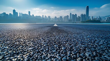 Aufkleber - Asphalt road platform and lake with city skyline background : Generative AI