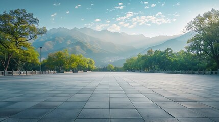 Aufkleber - empty square floor and mountain nature landscape in city park : Generative AI