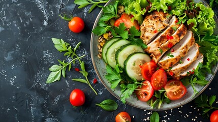 Poster - Brunch or lunch Plate with oatmeal chicken meatloaf cucumber and green herbs Health food Top view overhead : Generative AI