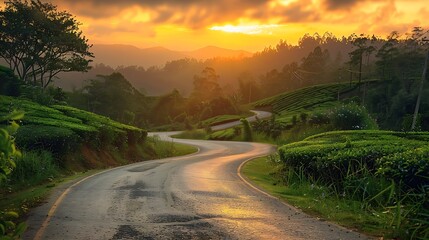 Wall Mural - Country road and green tea plantation natural landscape at sunset : Generative AI