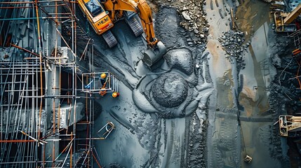 Poster - Construction site of buildings pouring cement Top view new screed concrete with leveling mortar for floors : Generative AI