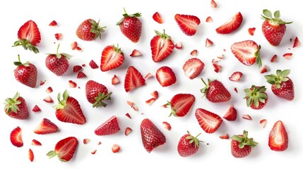 Wall Mural - Whole and sliced strawberries in the air isolated on white background 