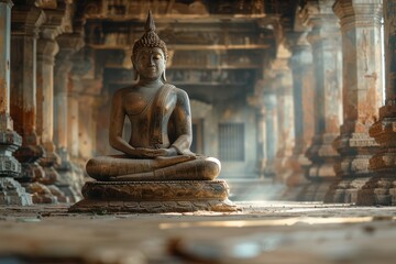 Tranquil Gupta-Style Buddha Statue in Ancient Temple with Calm Aura of Serenity