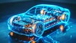 © nicole - An electric car lithium battery pack is illustrated with power connections, showcasing the core of modern automotive technology in a vibrant blue tone