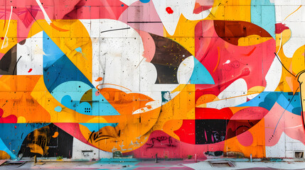 A colorful mural with a lot of different shapes and colors. The mural is very large and covers the entire wall. The colors are bright and vibrant, and the shapes are abstract and unique