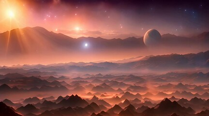 Wall Mural - Beautiful Terrifying Alien World Landscape 4K Loop features an A.I. generated video of an alien planet with a moon in the sky and animated clouds in a loop.