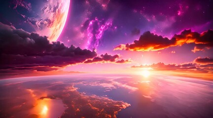 Wall Mural - Beautiful Terrifying Alien World Landscape 4K Loop features an A.I. generated video of an alien planet with a moon in the sky and animated clouds in a loop.