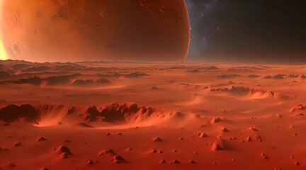 Wall Mural - Beautiful Terrifying Alien World Landscape 4K Loop features an A.I. generated video of an alien planet with a moon in the sky and animated clouds in a loop.