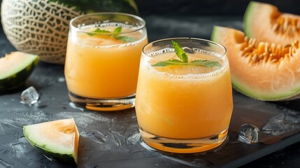 Two glasses of cold melon juice on dark background