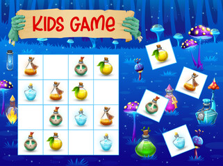 Aufkleber - Halloween kids sudoku game, potion bottles in fairytale forest vector puzzle quiz. Halloween worksheet with cartoon witch magic poison flasks or elixir vials in sudoku game puzzle square blocks
