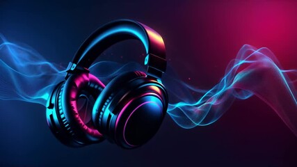 Wall Mural - Futuristic Headphones with Neon Digital Sound Waves