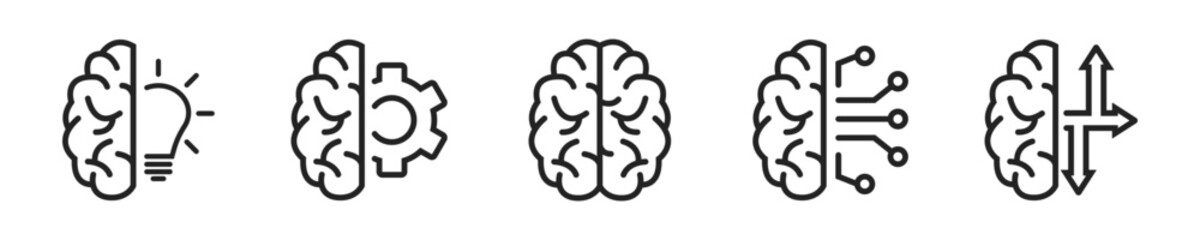Aufkleber - Brain web icon set. Set of 5 outline icons related to mind, cognition, head, intelligence, artificial intelligence, mental health. Linear icon collection. Brain outline icons collection.