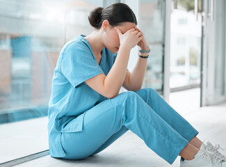 Poster - Nurse, stress and depression in hospital with sad news for healthcare crisis, mistake and medical fail. Woman, headache and mental health with pain for burnout, anxiety or busy schedule in clinic