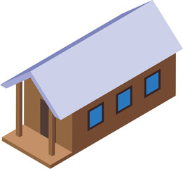 Poster - Wooden bungalow with porch and three windows is being presented on empty space, isometric view